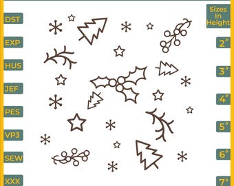 クリスマス ドゥードゥル ミシン刺繍デザイン：ホリデーセット（6サイズ、デジタルダウンロード）