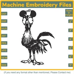 May include: Black and white machine embroidery file of a cartoon rooster. The design is available in multiple sizes, ranging from 2 to 7 inches in height. The image includes the text "Machine Embroidery Files" and the seller's logo.