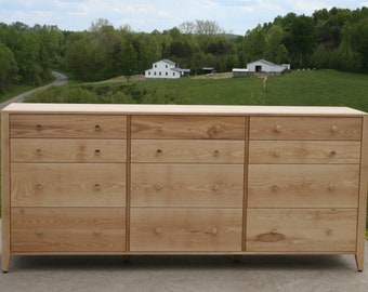 X12430c *Hardwood 12 Drawer Dresser, Inset Drawers,  Flat Sides, Corner Posts, 90" wide x 20" deep x 35" tall - natural color