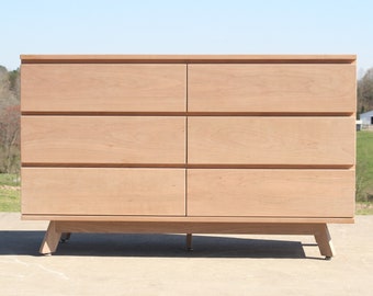 X6320as +Hardwood 6 Drawer Dresser,  Flat Panels, Slanted Feet 60" wide x 20" deep x 35" tall - natural color