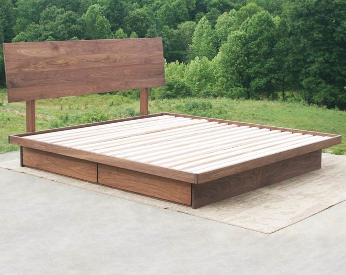 NdFvS01, Solid Hardwood Cantilever Platform Bed with 4 drawers, or NdFvS01-3 w/3 drawers on one side, Slanted Head Board, natural color