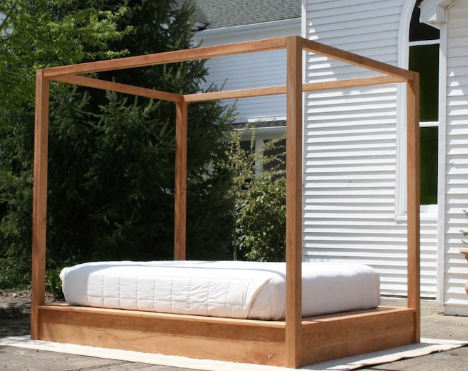 Ship Soon 2509 Queen CbFwN1 Cherry Low Platform Bed with large rail Canopy natural tung oil finish