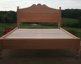 Ship Soon 2598 Queen NcRnV06 Cherry Solid Hardwood Platform Bed with curved head board top and turned posts top and bottom, natural color