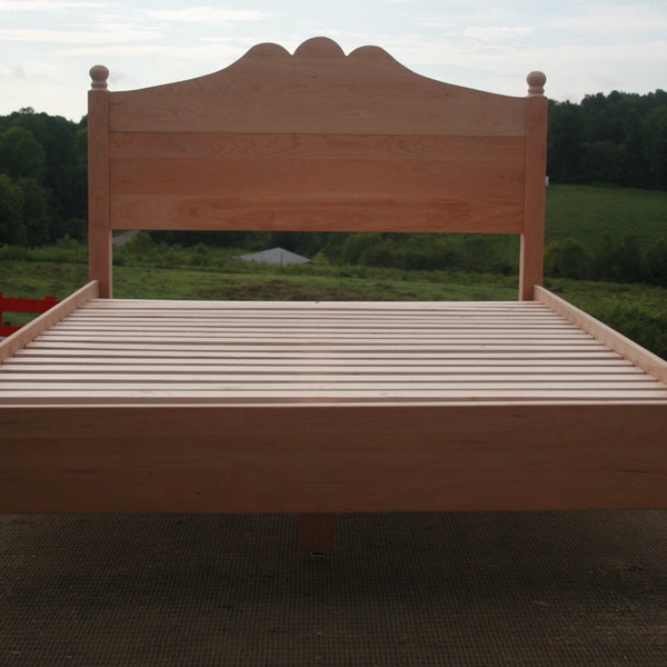 Ship Soon 2598 Queen Cherry Solid Hardwood Bed with curved head board top and turned posts top and bottom, natural color