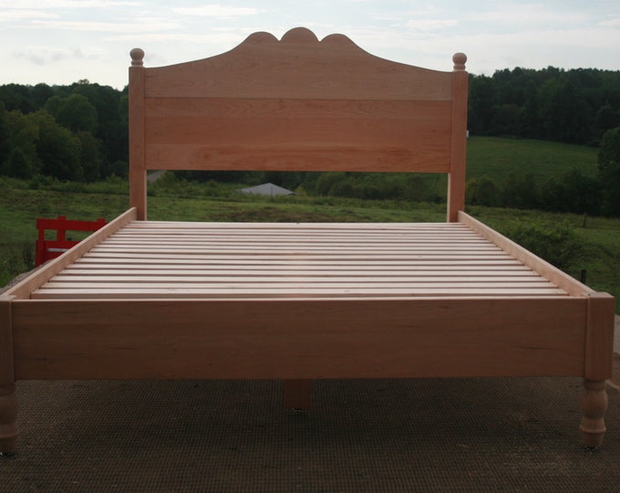 Ship Soon 2598 Queen NcRnV06 Cherry Solid Hardwood Platform Bed with curved head board top and turned posts top and bottom, natural color