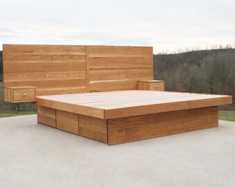 NdFvC01 +Solid Hardwood Cantilever Platform Bed, 6 dwrs, HB w/Side Tables; NdFvC01T, similar but w/trundle; NdFsC01 4 dwrs; NdFsC02 shorter