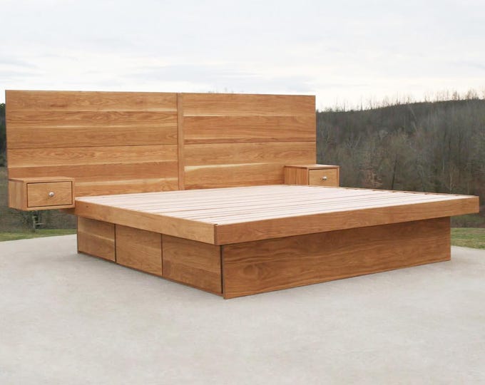 NdFvC01 +Solid Hardwood Cantilever Platform Bed, 6 dwrs, HB w/Side Tables; NdFvC01T, similar but w/trundle; NdFsC01 4 dwrs; NdFsC02 shorter