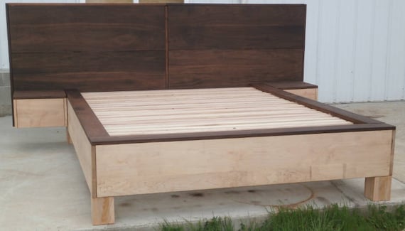 King bed frame with outlet side tables attached