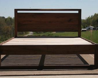 Ship Soon 1444 Full NbRnV04 *Solid Walnut Platform Bed with Head Board and Beam above Head Board and at head and foot bottoms, natural color
