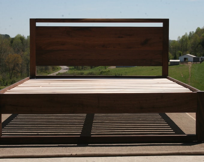 Ship Soon 1444 Full NbRnV04 *Solid Walnut Platform Bed with Head Board and Beam above Head Board and at head and foot bottoms, natural color