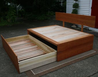 NtFnV01 or S01. Solid Hardwood Platform Bed with Trundle plus Vertical (or optional Slanted) head board on long side, natural color