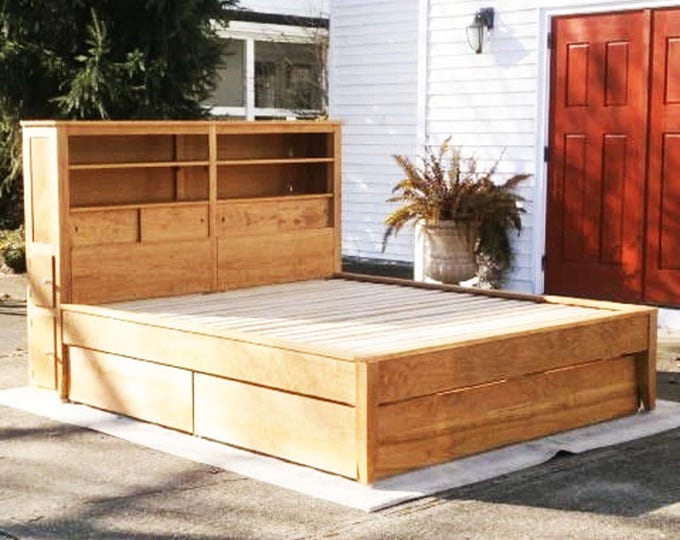 NdRsC02 Solid hardwood platform bed, 4 drawers, storage HB, shelves, side cubbies; NdRsC02b Less tall, no side cubbies; NdRsC01 taller