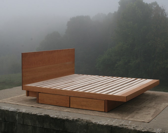 Ship Soon 4242 King NdRsV01 Cherry Solid Hardwood Platform Bed with 4 drawers on wheels on floor, natural color
