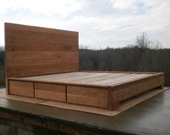 NdRnV05 Solid Hardwood Platform Bed, 6 drws, thick HB; NdRnV07, 4 drws, cubby, metal HB connection; NdRnV09 block feet, 4 lg drws, natural