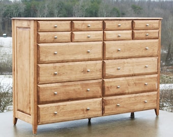 X16620p *Hardwood 16 Drawer Dresser, Overlap Drawers, Paneled Sides, 72" x 20" x 55" tall; X6320o & X9330o Similar styles, smaller, natural
