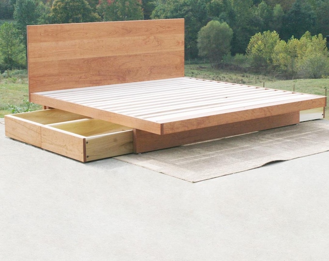 NdRsV01 +Solid Hardwood Platform Bed, 4 drws on wheels; NdRsV01tg, tall; NdRsV01n, no headboard: NdRsV01TBT, tall HB w/tables, natural color