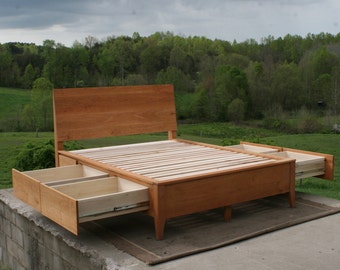 NdRsV02 +Solid Hardwood Platform Bed 4 drawers, slanted head board, side and foot boards same height, natural color