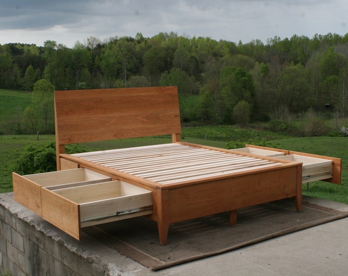 NdRsV02 +Solid Hardwood Platform Bed 4 drawers, slanted headboard; NdRsV02b, 4 drawers plus cubby, split mount headboard, natural color