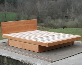 NdRsV01 +Solid Hardwood Platform Bed with 4 drawers on wheels on floor, natural color