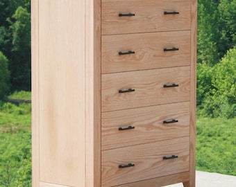X5510d *Hardwood Chest, 5 Drawers, Thick Frame, Inset Drawers, Flat Panels; X5510b tapered legs, overlap top; X5510a Hidden legs - natural