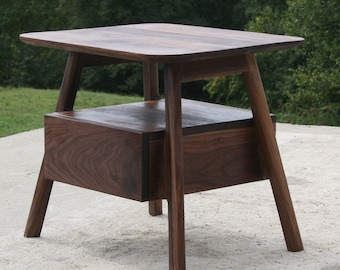 BT110r *Hardwood Bedside Table, Mid-Century, 1  Drawer, 1 Shelf, Slanted Legs; BT110X,  1 drawer, plus cubby, solid sides - natural color