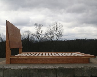 Ship Soon 3741 King NcFwV01  Cherry Low Platform Solid Hardwood Bed with wide Platform Sides and Head Board