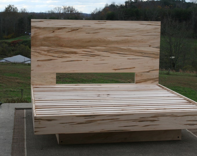 Ship Soon 2082 King Wormy Maple NcRnV11 Platform Solid Hardwood Floating Bed with Large Thick Head Board