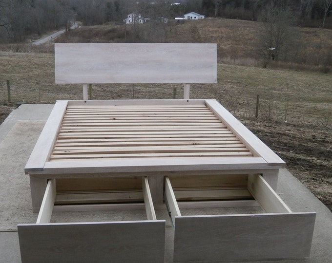 NdFvS01-SF2 +Solid Hardwood Cantilever Platform Bed with 2 foot end drawers and Slanted Head Board, natural color