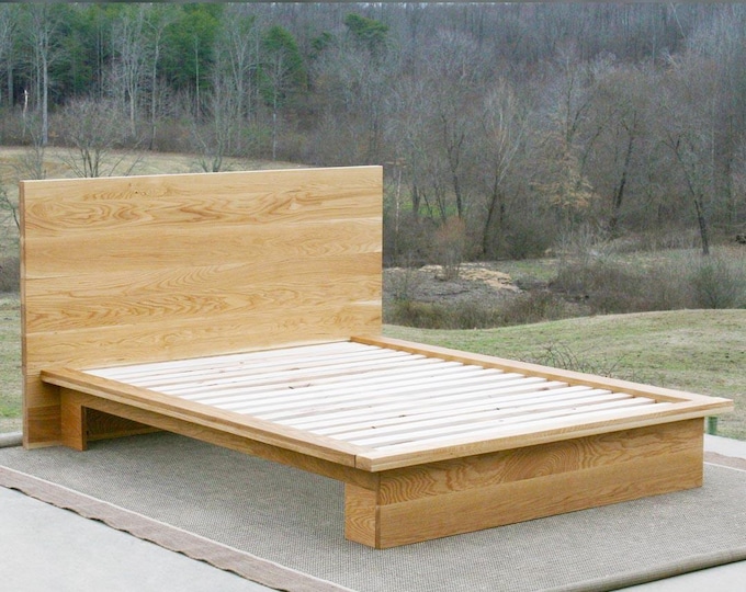 NcFwV03 Low Solid Hardwood Bed, Platform Side extensions, Headboard, under bed access; NcFwS01, Lg HB w/side tables; NcFwN01 No HB, natural