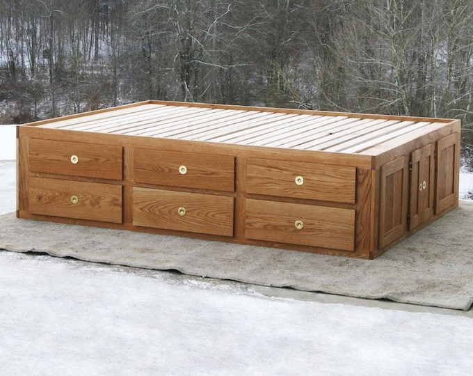 NdFnN05 Solid hardwood platform bed, 12 dws, center storage; NdFnN05N, 12 dws, NO center storage; NdFnN01, 6 dws 1 side, long back cubby,