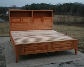 NdRnC03 *Solid hardwood platform bed with 2 drawers in foot end and storage head board with shelves, natural color