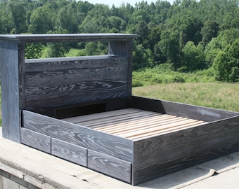 NdFnC02 *Solid hardwood platform bed with 6 drawers and storage head board with shelves and 4 drawers in the back, natural color