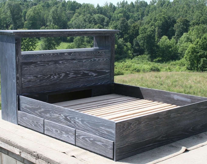 NdFnC02 *Solid hardwood platform bed with 6 drawers and storage head board with shelves and 4 drawers in the back, natural color