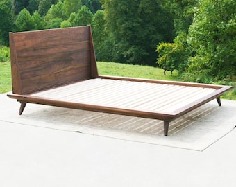 NcRsS02 Solid Hardwood Bed, Slanted headboard, thin profile, angled legs; NcRnS02,Slanted headboard, thin profile, turned legs natural color
