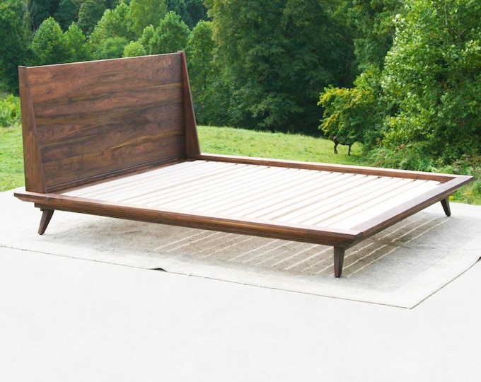NcRsS02 Solid Hardwood Bed, Slanted headboard, thin profile, angled legs; NcRnS02,Slanted headboard, thin profile, turned legs natural color