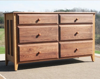 X6320o *Hardwood 6 Drawer Dresser, Paneled Ends, Overlap Drawers, Routed Edges; X6320p, Paneled Ends, Flat  Drawers; X6320s, hutch added