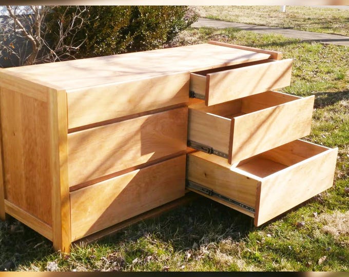 X6320h *Hardwood 6 Drawer Dresser, Framed Ends, Overlap Drawers; BT110A, matching table; X6320q, Thick frame, inset drawers, natural