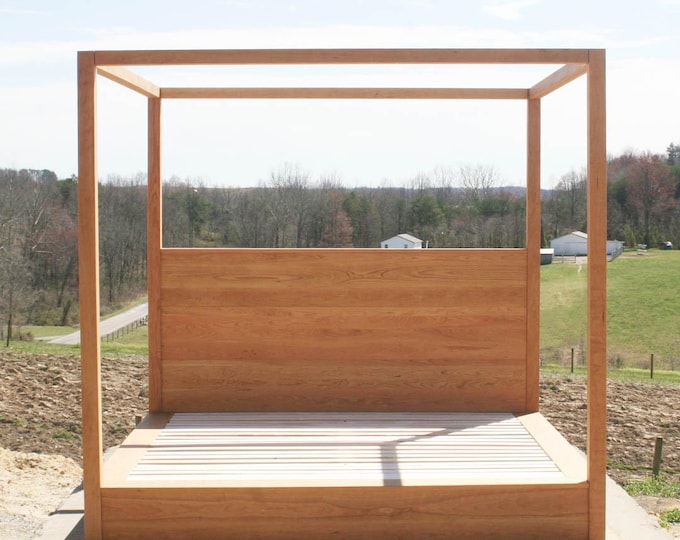CbFwV1 Low Solid Hardwood Platform Beds, large rail Canopy& Head Board; Options with CbFwV1s, CbFwV3, and CbFwV2 unusual HB - natural color