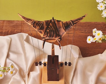 Handmade Wooden Manta Ray Automaton: Kinetic Sculpture, Unique Desk Decor
