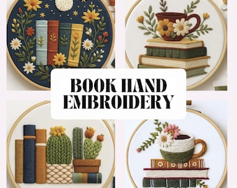 May include: Four embroidery hoops with book and plant designs. One features books under a night sky, another a teacup on books, a third with cacti, and the last with a teacup and books. The text "BOOK HAND EMBROIDERY" and "PDF TEMPLATE 6 SIZES" are also visible.