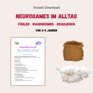 Könnte beinhalten: Ein sofortiger Download mit dem Titel "Neurogames im Alltag" in Rot und Pink. Die Grafik enthält ein Dokument, einen braunen Sack und eine weiße Feder. Der Text auf dem Dokument ist auf Deutsch.