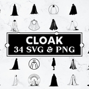 Può includere: Una collezione di 34 immagini SVG e PNG con vari disegni di mantelli. Le immagini sono in bianco e nero, che mostrano diversi stili di mantelli, alcuni con cappucci e altri con dettagli intricati. La parola "CLOAK" è visualizzata in grassetto.