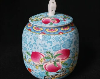 7"Enamel Lidded Jar - Qianlong Style Famille Rose blue Porcelain with Floral&Peach Motif