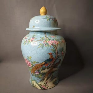 10"Antique Chinese Enamel Royal Blue Glaze Porcelain “General’s Jar” –Peacock and Floral Motif image 1