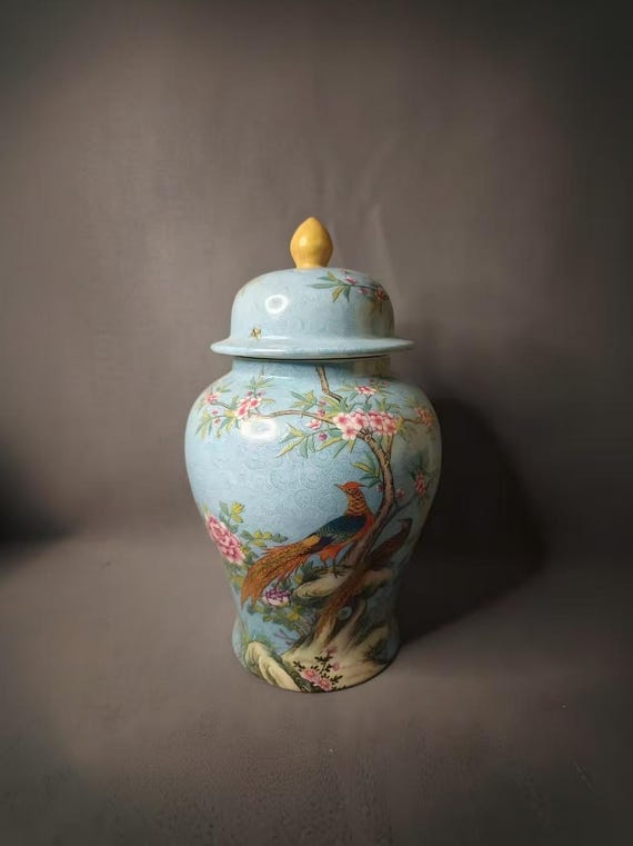 10"Antique Chinese Enamel Royal Blue Glaze Porcelain “General’s Jar” –Peacock and Floral Motif