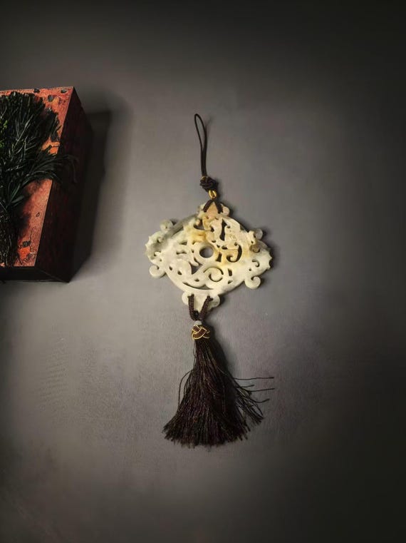 4.7"Antique Chinese Hand-Carved Jade Pendant – Natural Jade Amulet for Home or Garment Decoration