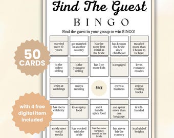 50 Find the Guest Bridal Shower Bingo, Find Someone Who Game, Get to Know You, Printable Digital Downloads