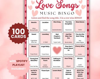 100 Love Songs Music Bingo Game with Spotify Playlist Printable Digital Download