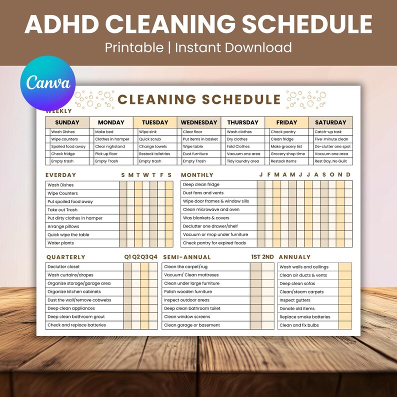 ADHD Cleaning Checklist Schedule Planner Template Printable Digital