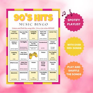 Puede incluir: Un colorido juego de Bingo musical de los a&ntilde;os 90 con t&iacute;tulos de canciones y nombres de artistas. Incluye un gr&aacute;fico de lista de reproducci&oacute;n de Spotify y el texto "Play and Shuffle the Songs". El fondo es rosa.